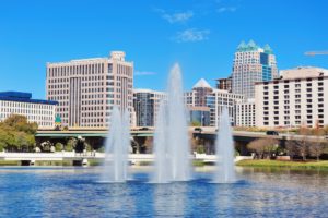 Fountain in front of buildings
