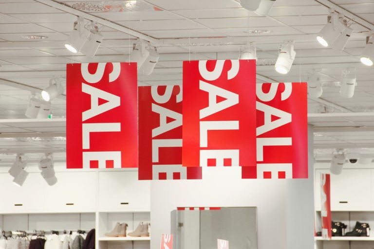 sale sign on the mall ceiling