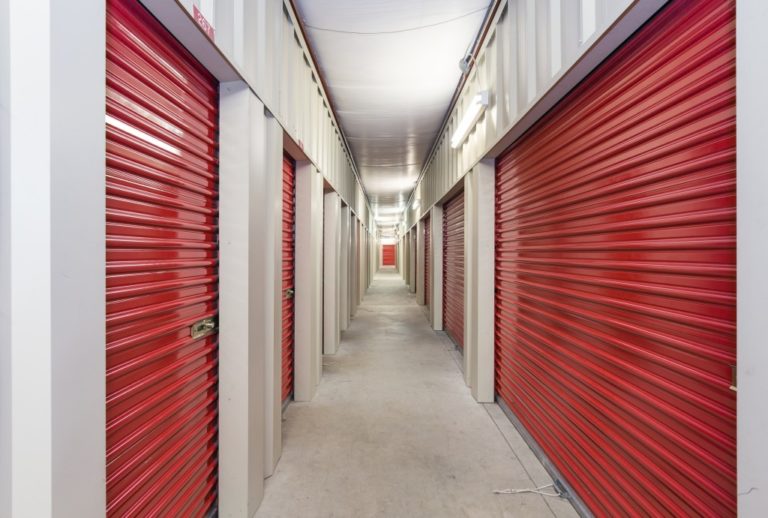 Storage facility with red metal doors