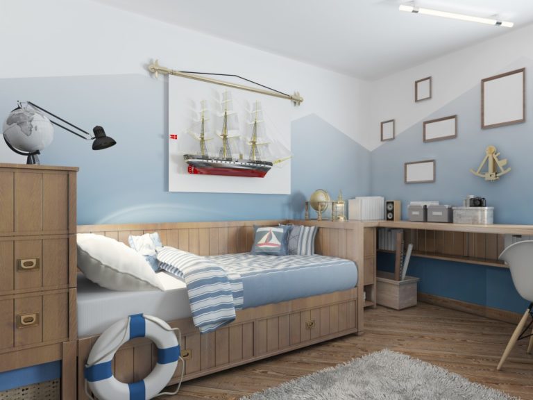 blue ship-themed bedroom for kids