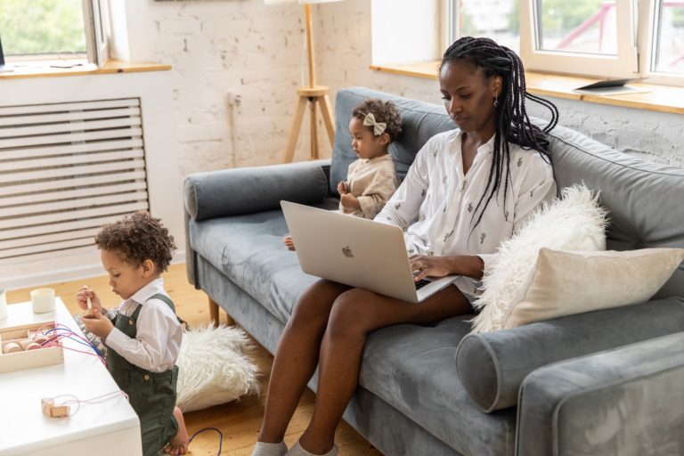 woman working from home with kids
