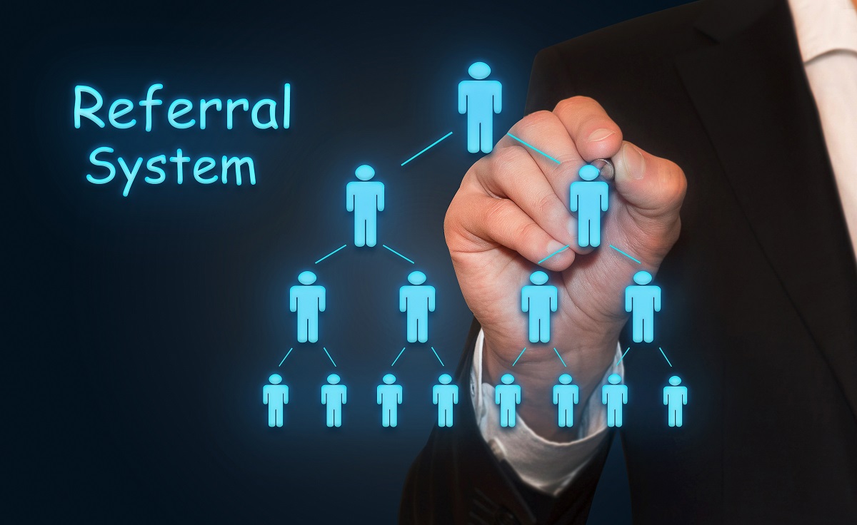 A referral system concept drawn by a businessman