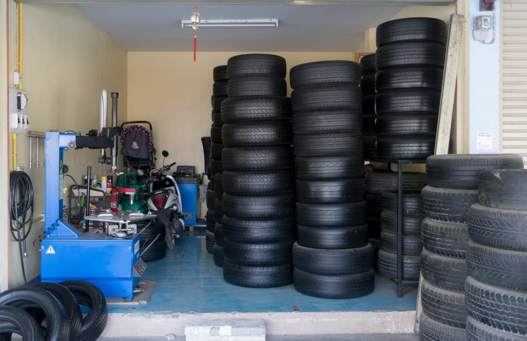 Car tires in a workshop